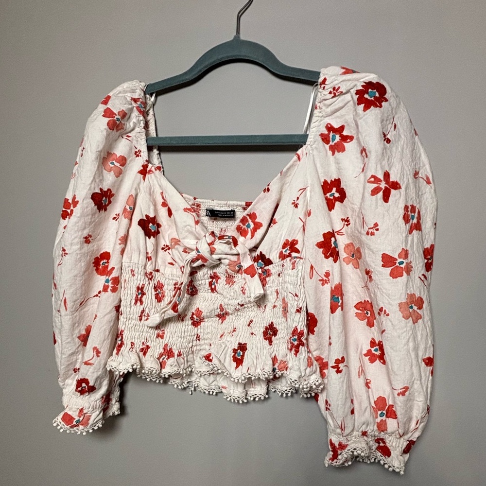 Zara Red and White Floral Blouse